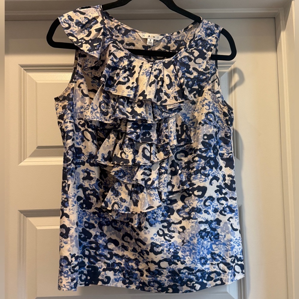 CAbi Blue and Cream Patterned Ruffle Blouse